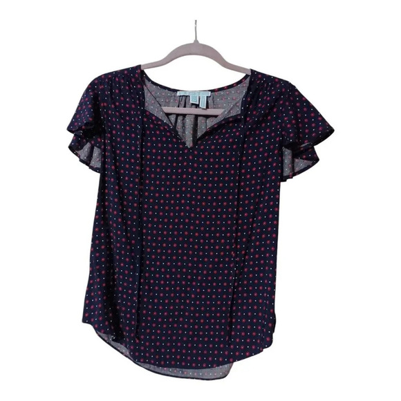 Draper James Tops - Draper James XS Blue Floral Dot Flutter Sleeve Peasant Boho Top Keyhole Tie Neck